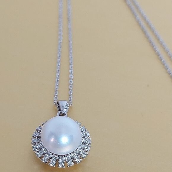 Natural Round Pearl 11mm & Cz 925 Sterling Silver‎ Necklace 18" - Picture 3 of 5